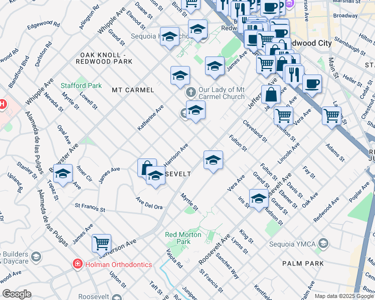 map of restaurants, bars, coffee shops, grocery stores, and more near 526 Iris Street in Redwood City