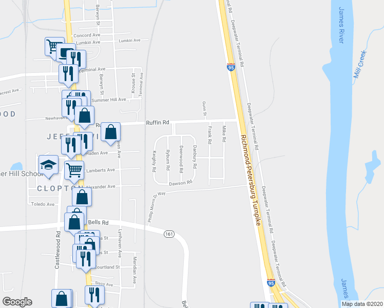 map of restaurants, bars, coffee shops, grocery stores, and more near 3415 Danbury Road in Richmond