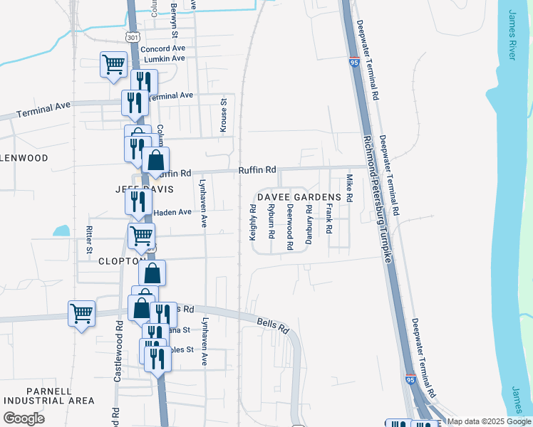 map of restaurants, bars, coffee shops, grocery stores, and more near 3414 Keighly Road in Richmond