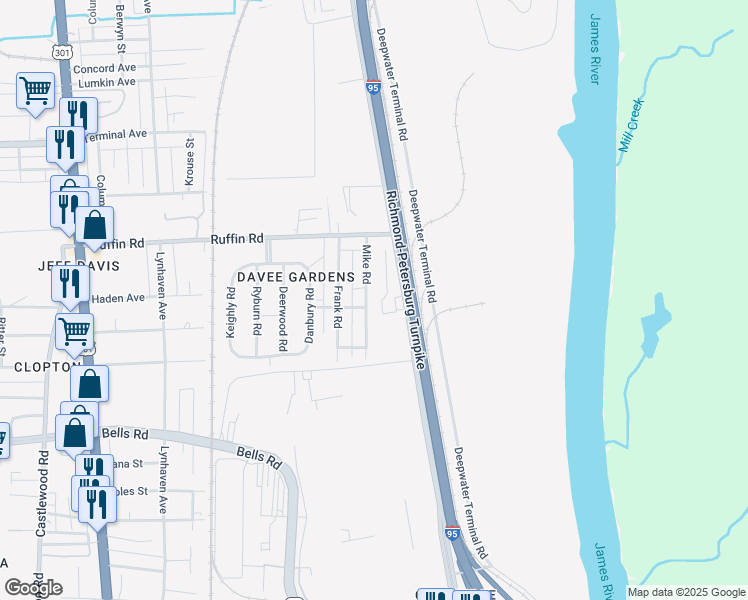 map of restaurants, bars, coffee shops, grocery stores, and more near 3322 Mike Rd in Richmond