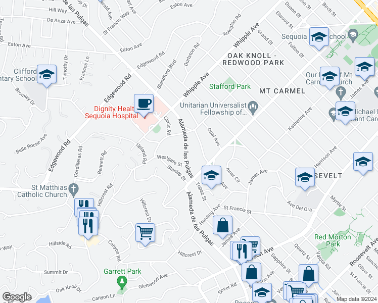map of restaurants, bars, coffee shops, grocery stores, and more near 263 Alameda de las Pulgas in Redwood City