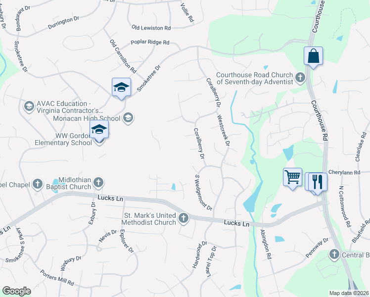 map of restaurants, bars, coffee shops, grocery stores, and more near 11508 Woodmill Place in Chesterfield County