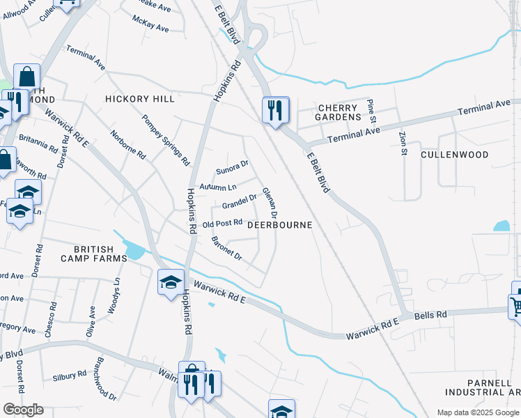 map of restaurants, bars, coffee shops, grocery stores, and more near 2913 Kelrae Drive in Richmond