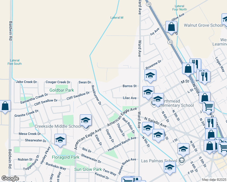 map of restaurants, bars, coffee shops, grocery stores, and more near 614 Delphia Drive in Patterson