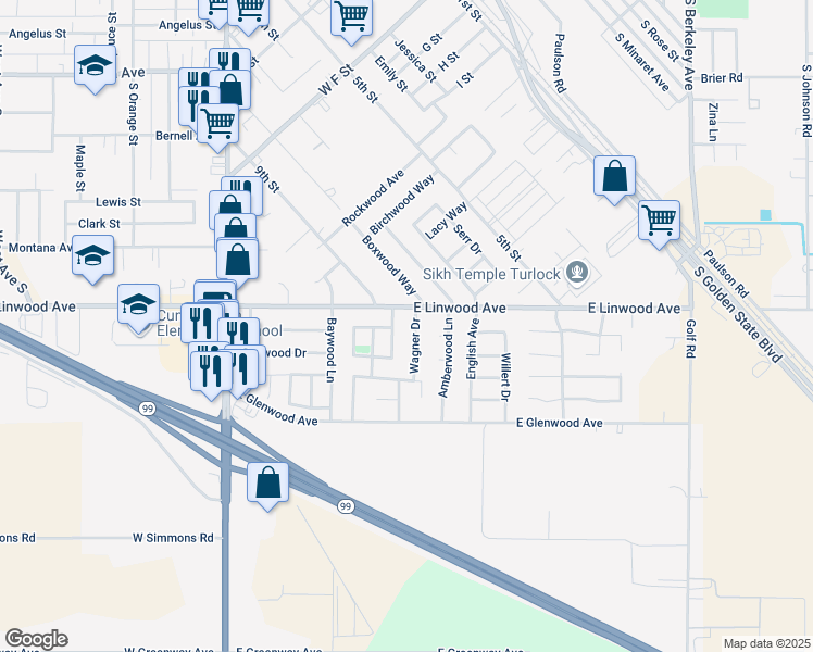 map of restaurants, bars, coffee shops, grocery stores, and more near 1620 Wagner Drive in Turlock