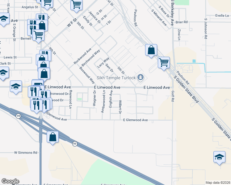 map of restaurants, bars, coffee shops, grocery stores, and more near 947 Lavon New Lane in Turlock