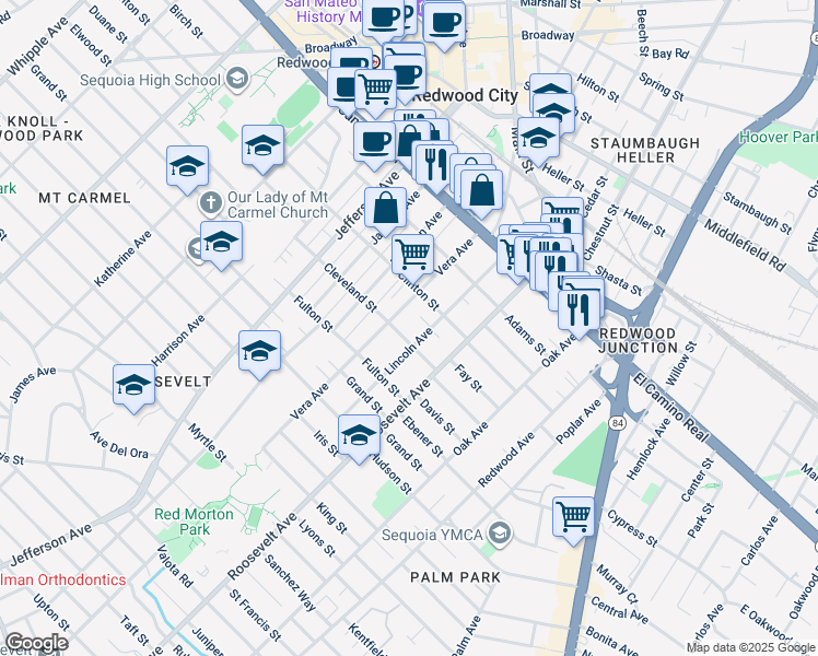 map of restaurants, bars, coffee shops, grocery stores, and more near 921 Cleveland Street in Redwood City