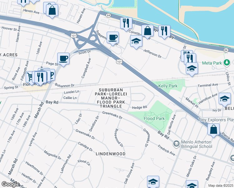 map of restaurants, bars, coffee shops, grocery stores, and more near 9 Greenwood Place in Menlo Park