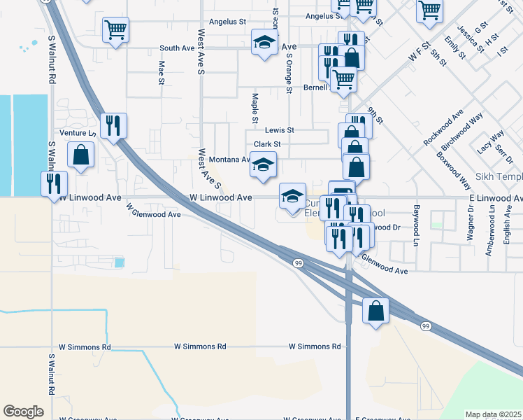 map of restaurants, bars, coffee shops, grocery stores, and more near 442 West Linwood Avenue in Turlock