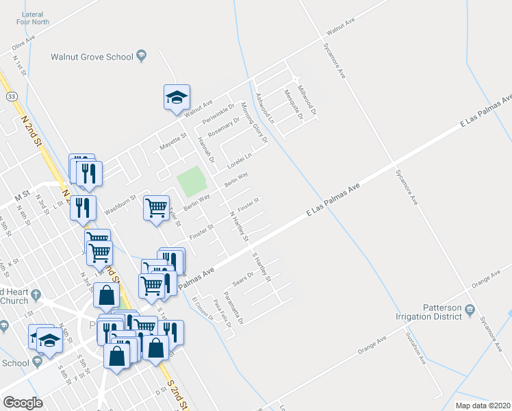 map of restaurants, bars, coffee shops, grocery stores, and more near 624 Finster Street in Patterson