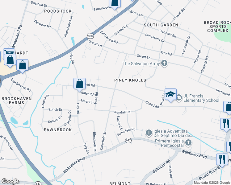 map of restaurants, bars, coffee shops, grocery stores, and more near 5517 Snead Road in Richmond