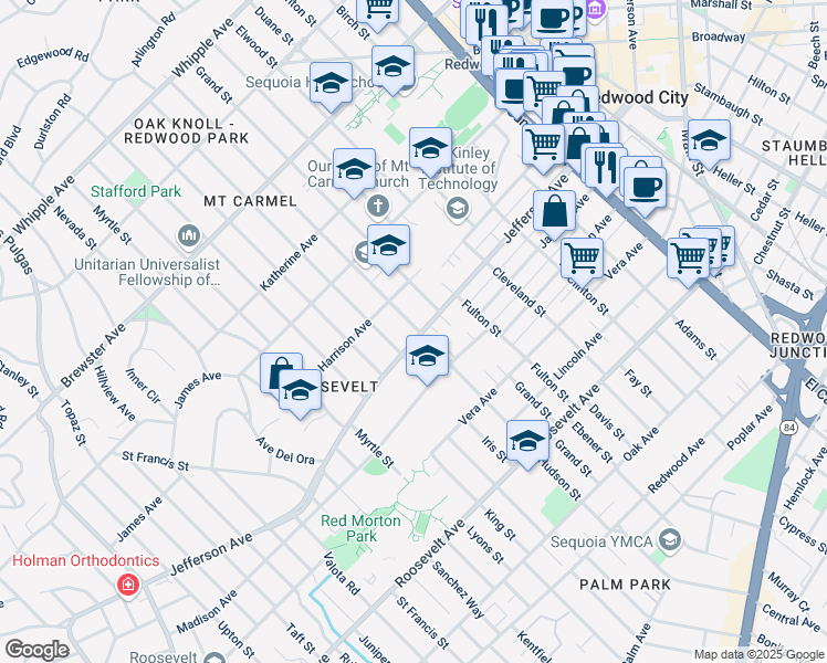map of restaurants, bars, coffee shops, grocery stores, and more near 562 Hudson Street in Redwood City