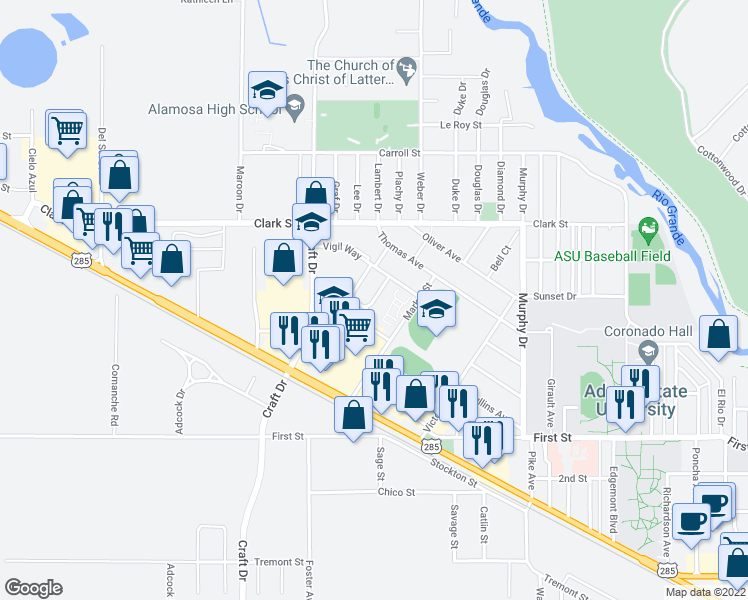 map of restaurants, bars, coffee shops, grocery stores, and more near 214 Calle Buena in Alamosa