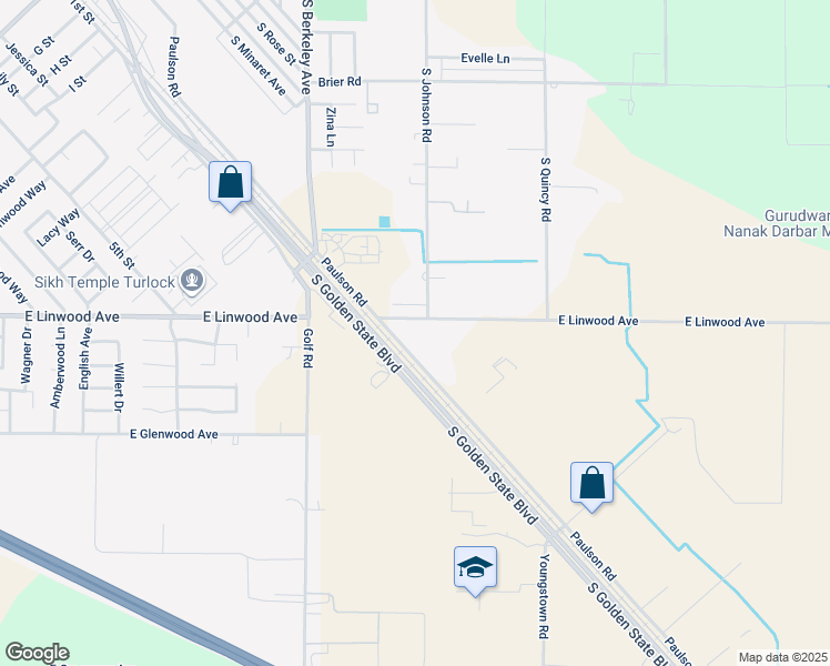 map of restaurants, bars, coffee shops, grocery stores, and more near 1716 Paulson Road in Turlock