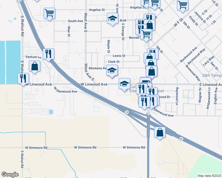 map of restaurants, bars, coffee shops, grocery stores, and more near 442 West Linwood Avenue in Turlock