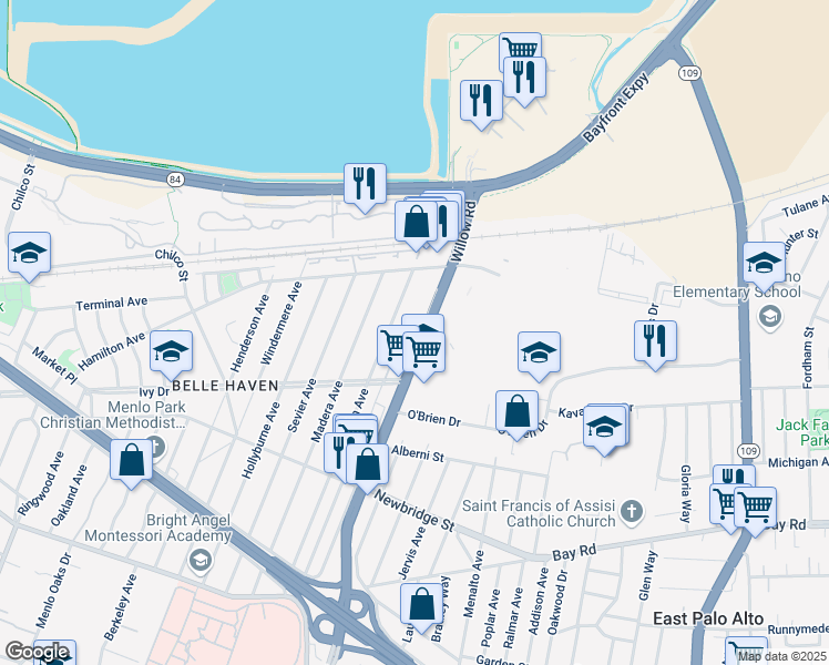 map of restaurants, bars, coffee shops, grocery stores, and more near 1345 California 114 in Menlo Park