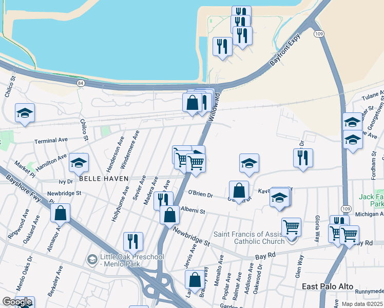 map of restaurants, bars, coffee shops, grocery stores, and more near 1345 Willow Road in Menlo Park