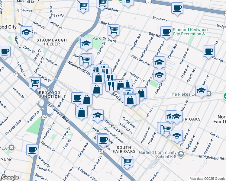 map of restaurants, bars, coffee shops, grocery stores, and more near 2615 Middlefield Road in Redwood City