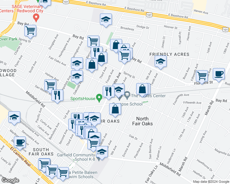 map of restaurants, bars, coffee shops, grocery stores, and more near 3230 Fair Oaks Avenue in Redwood City