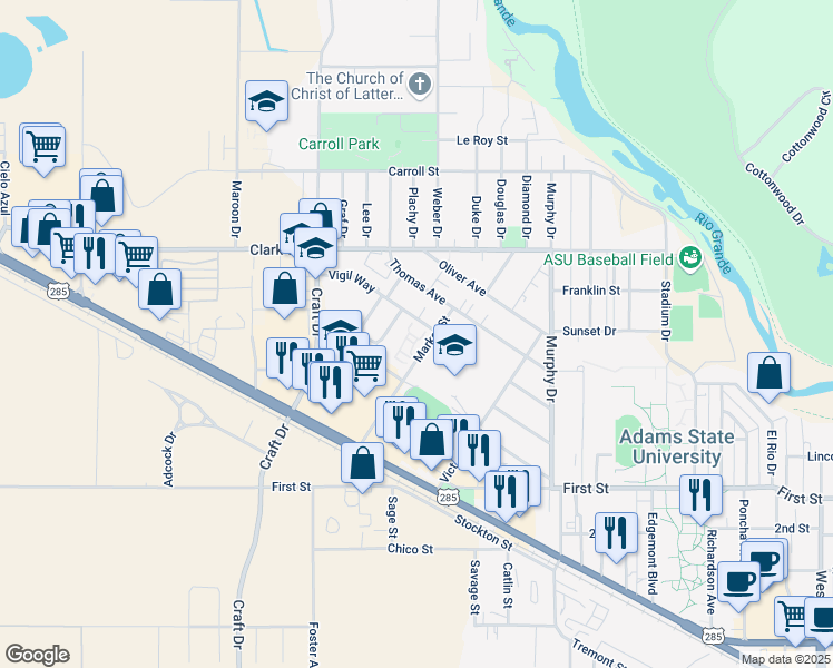 map of restaurants, bars, coffee shops, grocery stores, and more near 217 Market Street in Alamosa