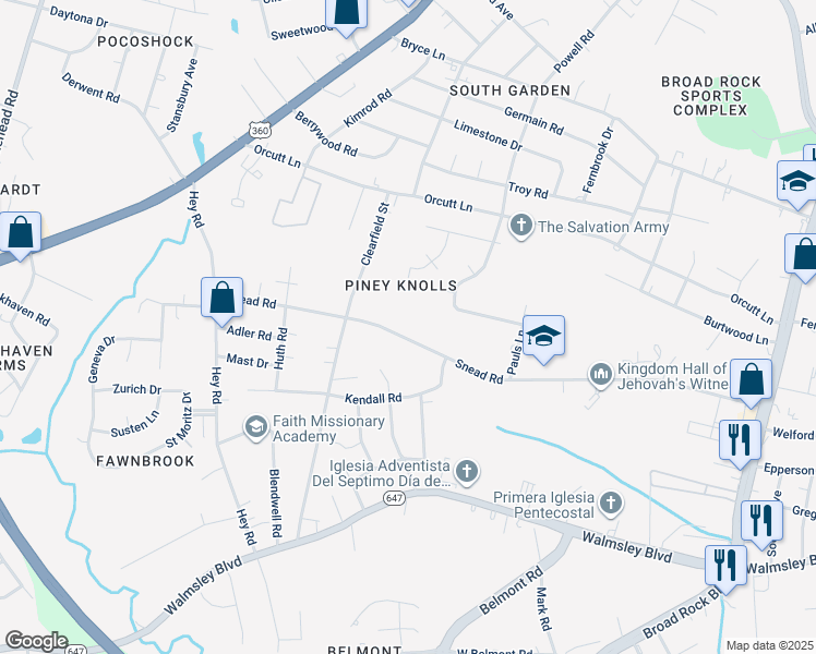 map of restaurants, bars, coffee shops, grocery stores, and more near 5436 Snead Road in Richmond