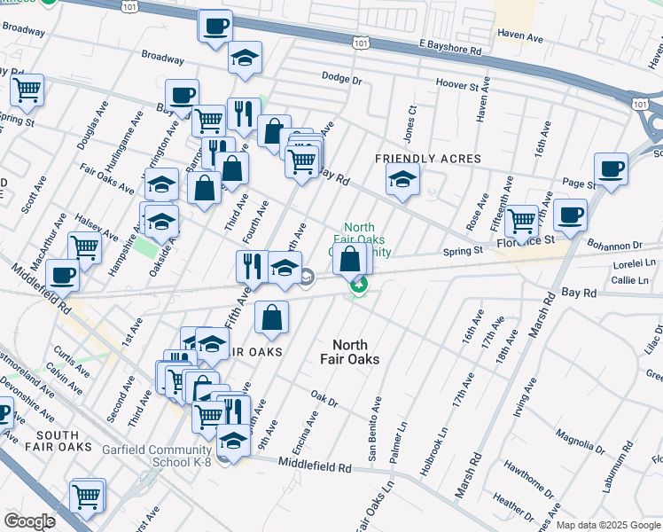 map of restaurants, bars, coffee shops, grocery stores, and more near 704 Eighth Ave in Redwood City