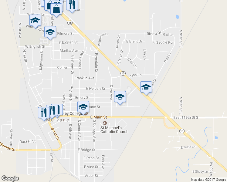 map of restaurants, bars, coffee shops, grocery stores, and more near 603 East Helbert Street in Mulvane