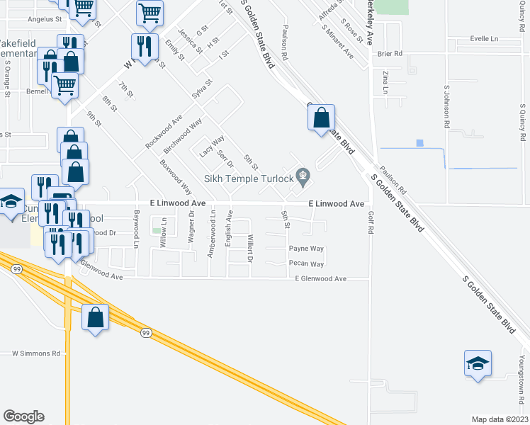map of restaurants, bars, coffee shops, grocery stores, and more near 1091 Picard Court in Turlock