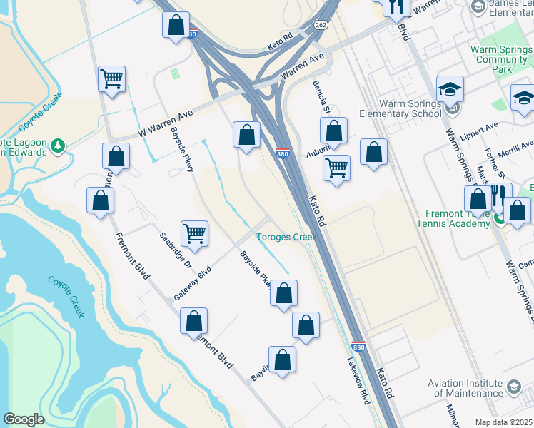 map of restaurants, bars, coffee shops, grocery stores, and more near 47200 Lakeview Boulevard in Fremont