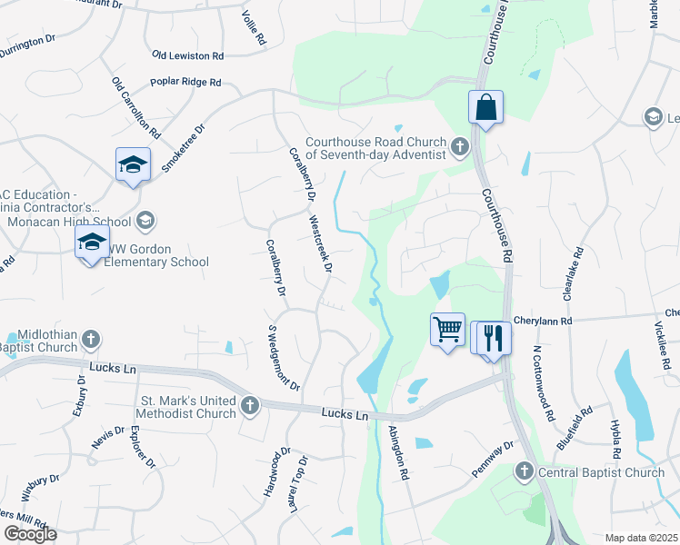 map of restaurants, bars, coffee shops, grocery stores, and more near 11306 Westcreek Circle in Chesterfield County