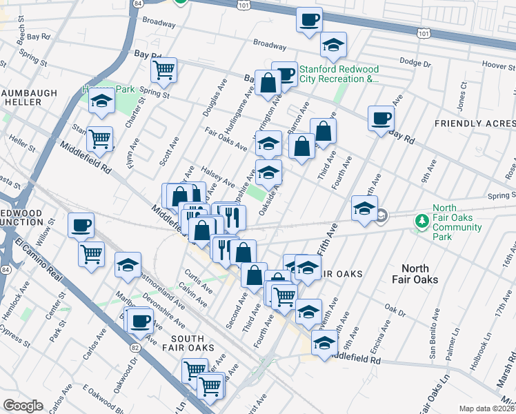map of restaurants, bars, coffee shops, grocery stores, and more near 541 Oakside Avenue in Redwood City