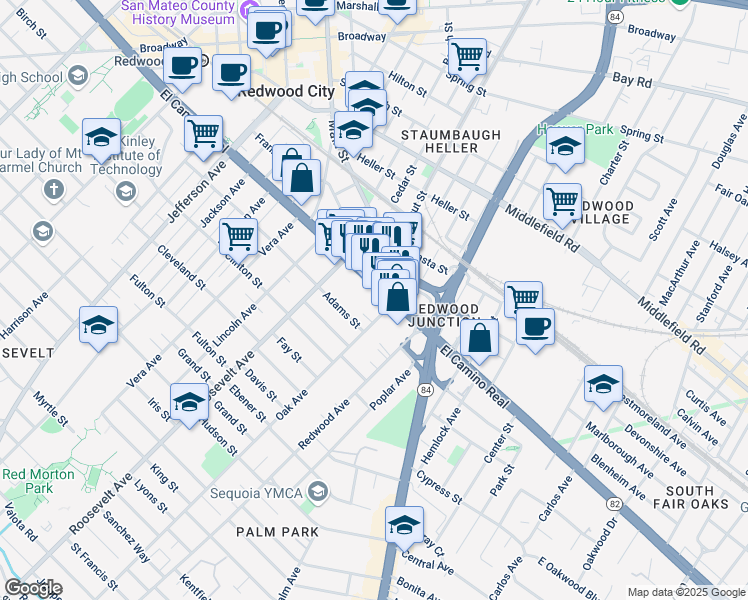 map of restaurants, bars, coffee shops, grocery stores, and more near 1836 El Camino Real in Redwood City