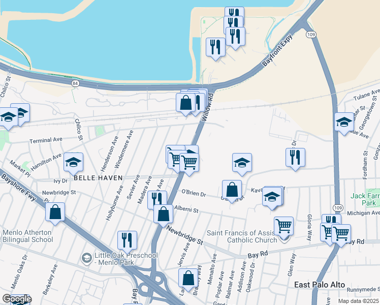 map of restaurants, bars, coffee shops, grocery stores, and more near 1345 California 114 in Menlo Park