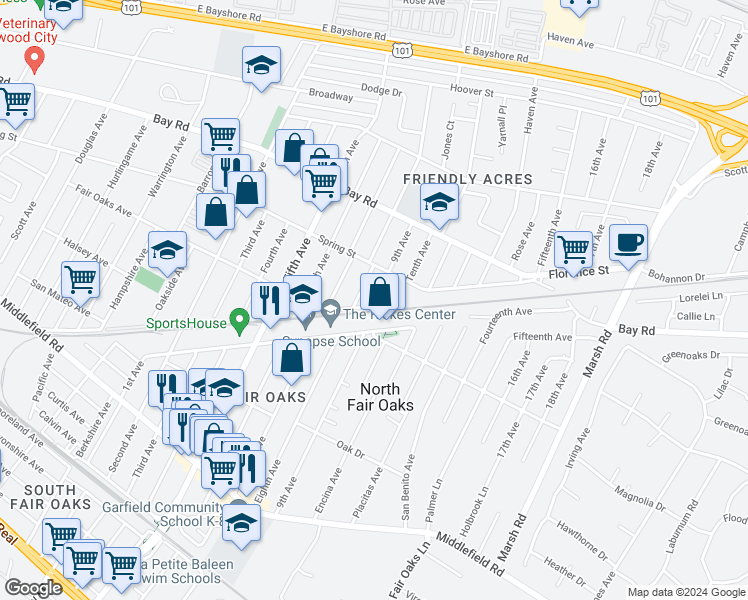 map of restaurants, bars, coffee shops, grocery stores, and more near 704 Eighth Avenue in Redwood City