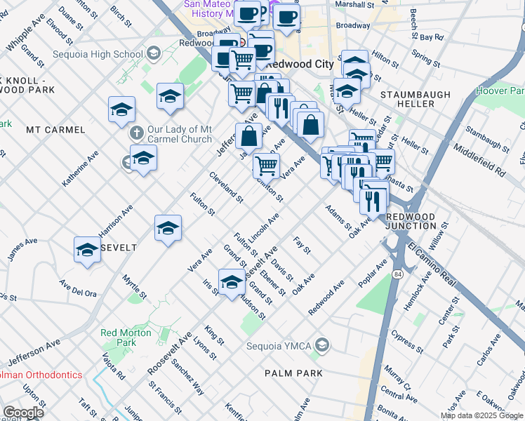 map of restaurants, bars, coffee shops, grocery stores, and more near 921 Cleveland Street in Redwood City