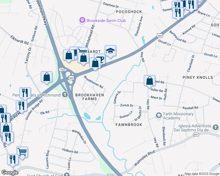 map of restaurants, bars, coffee shops, grocery stores, and more near 2241 Brookhaven Road in Richmond