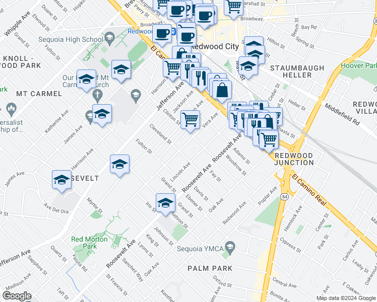 map of restaurants, bars, coffee shops, grocery stores, and more near 441 Vera Avenue in Redwood City