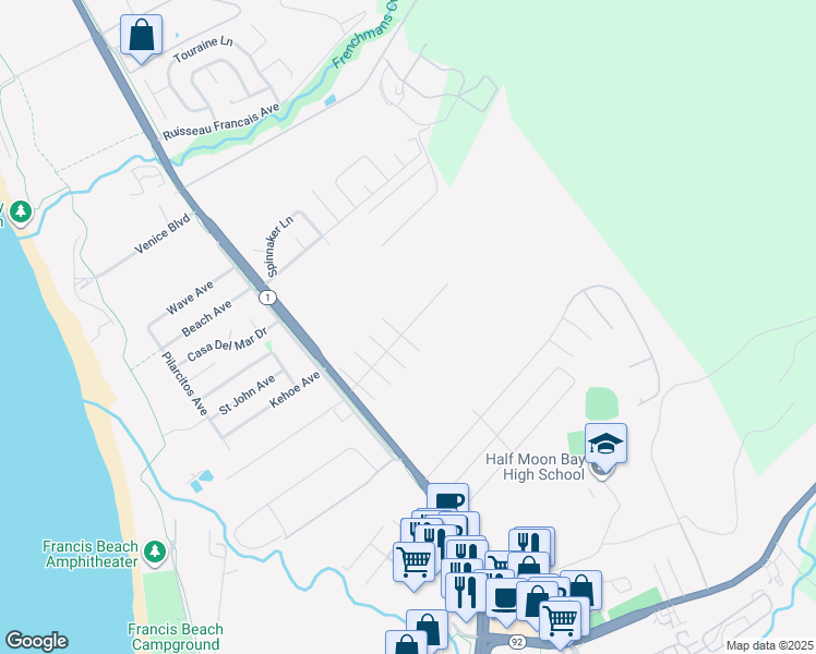 map of restaurants, bars, coffee shops, grocery stores, and more near 998 Grandview Boulevard in Half Moon Bay