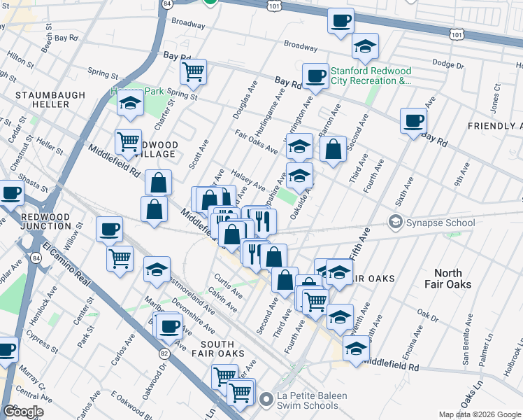 map of restaurants, bars, coffee shops, grocery stores, and more near 545 Hampshire Avenue in Redwood City