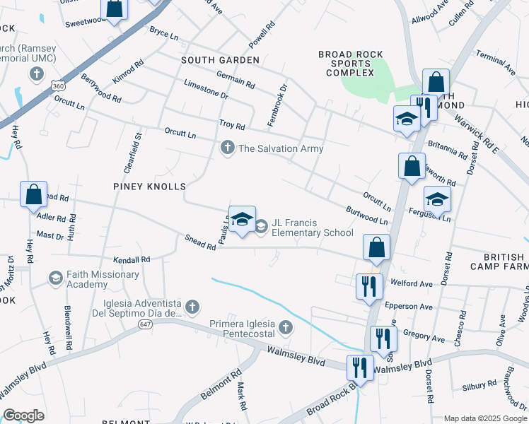 map of restaurants, bars, coffee shops, grocery stores, and more near 5146 Snead Road in Richmond