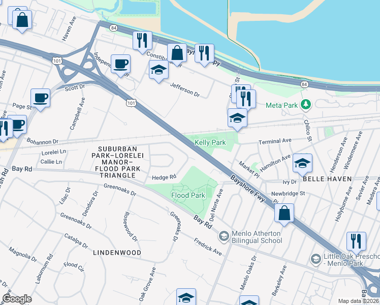 map of restaurants, bars, coffee shops, grocery stores, and more near 287 Hedge Road in Menlo Park