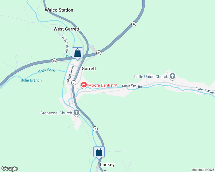 map of restaurants, bars, coffee shops, grocery stores, and more near 7155 Stone Coal Road in Garrett