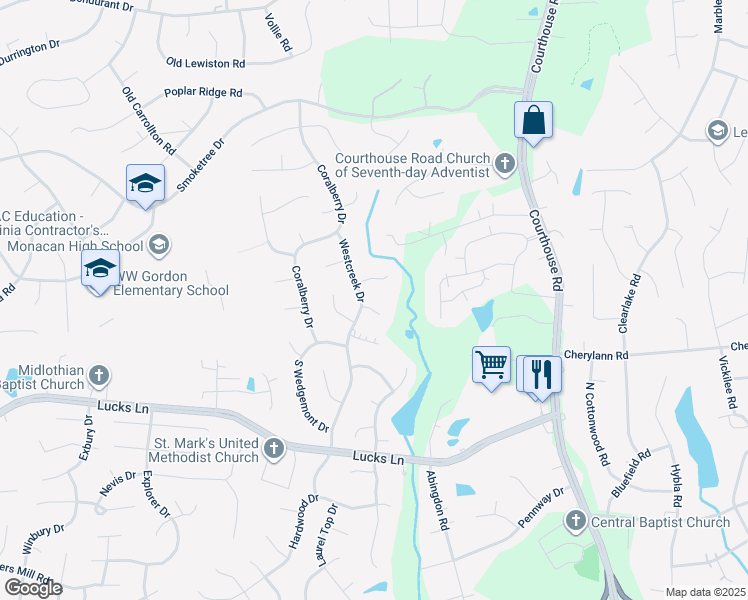 map of restaurants, bars, coffee shops, grocery stores, and more near 11306 Westcreek Circle in Chesterfield County