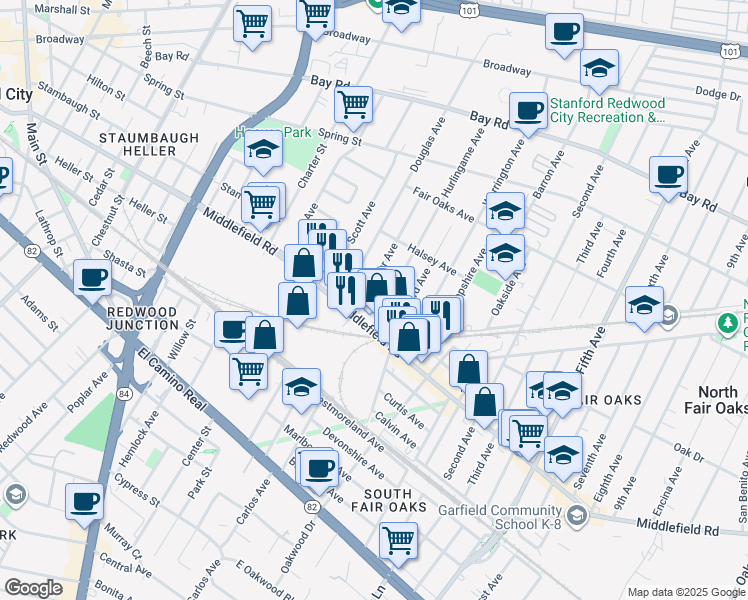 map of restaurants, bars, coffee shops, grocery stores, and more near 426 Hurlingame Avenue in Redwood City