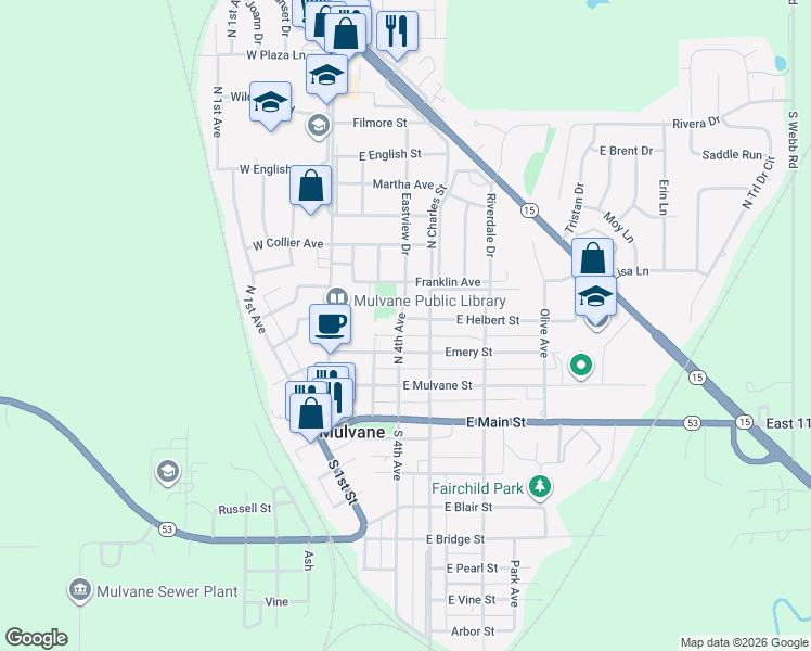 map of restaurants, bars, coffee shops, grocery stores, and more near 348 North 4th Avenue in Mulvane