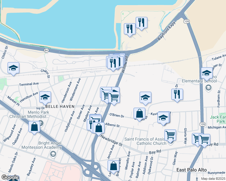 map of restaurants, bars, coffee shops, grocery stores, and more near 1345 California 114 in Menlo Park