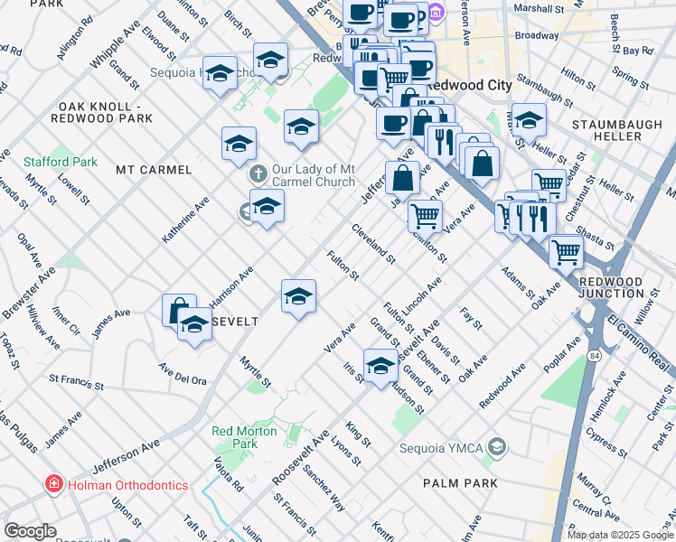 map of restaurants, bars, coffee shops, grocery stores, and more near 712 Madison Avenue in Redwood City