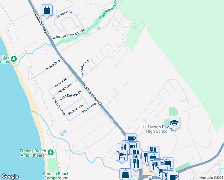 map of restaurants, bars, coffee shops, grocery stores, and more near 1009 Bancroft Avenue in Half Moon Bay