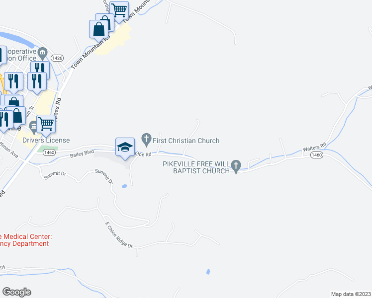 map of restaurants, bars, coffee shops, grocery stores, and more near 401 Chloe Road in Pikeville
