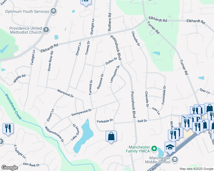 map of restaurants, bars, coffee shops, grocery stores, and more near 7802 Lancashire Place in Richmond